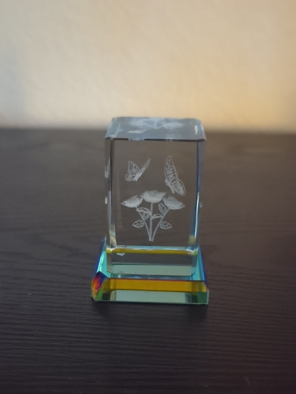 Vintage Crystal Butterfly & Flower Glass Cube Sculpture
